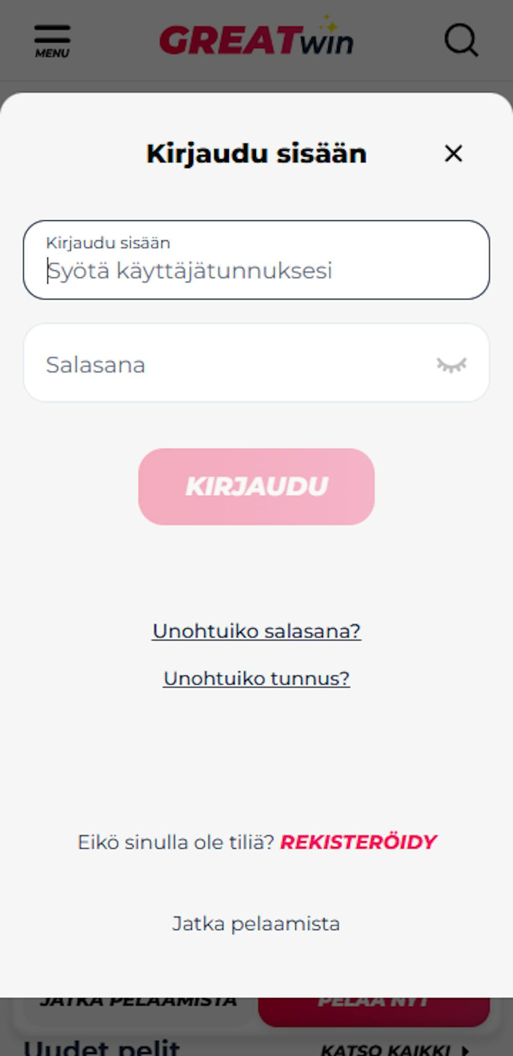 Pelitilin luominen Greatwin nettikasinolle