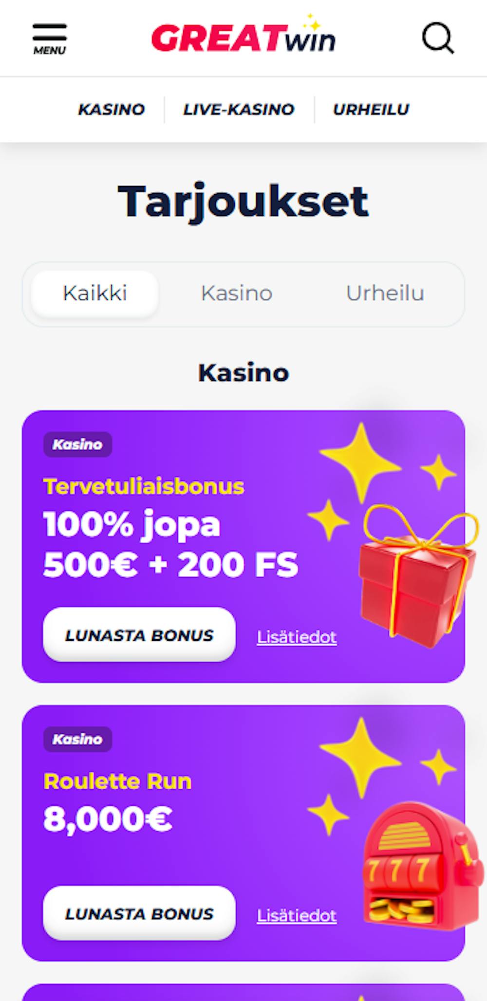 Greatwin nettikasinon tervetulobonus