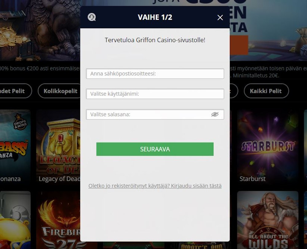 Rekisteröi uusi tili Griffon Casinolle