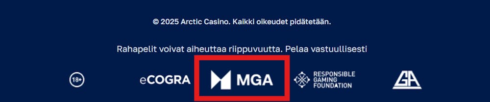 Esimerkiksi Arctic Casinolta löytyy selkeästi MGA pelilisenssin logo linkkeineen.