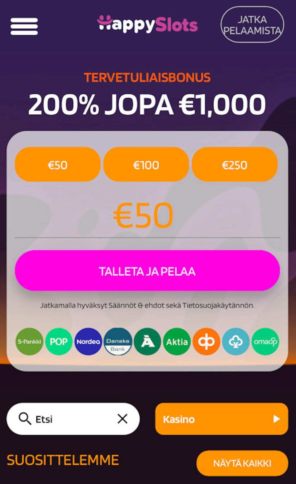 Tervetuliaisbonus HappySlots mobiilikasinolla - 200 % jopa 1000 €