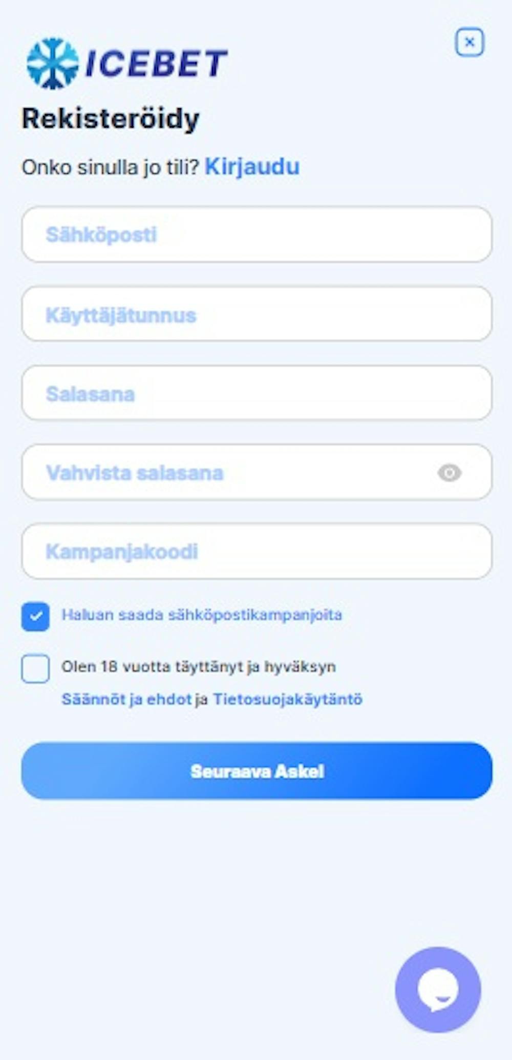 Icebet Casinon rekisteröitymislomake.