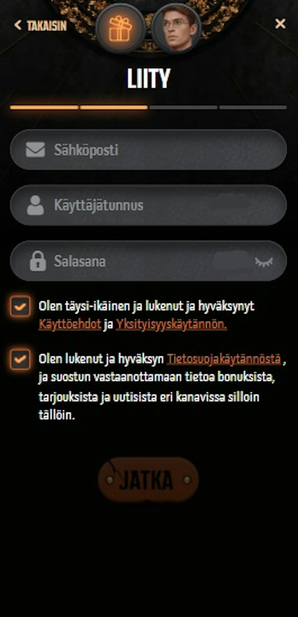 Gransino Casinon rekisteröitymislomake.