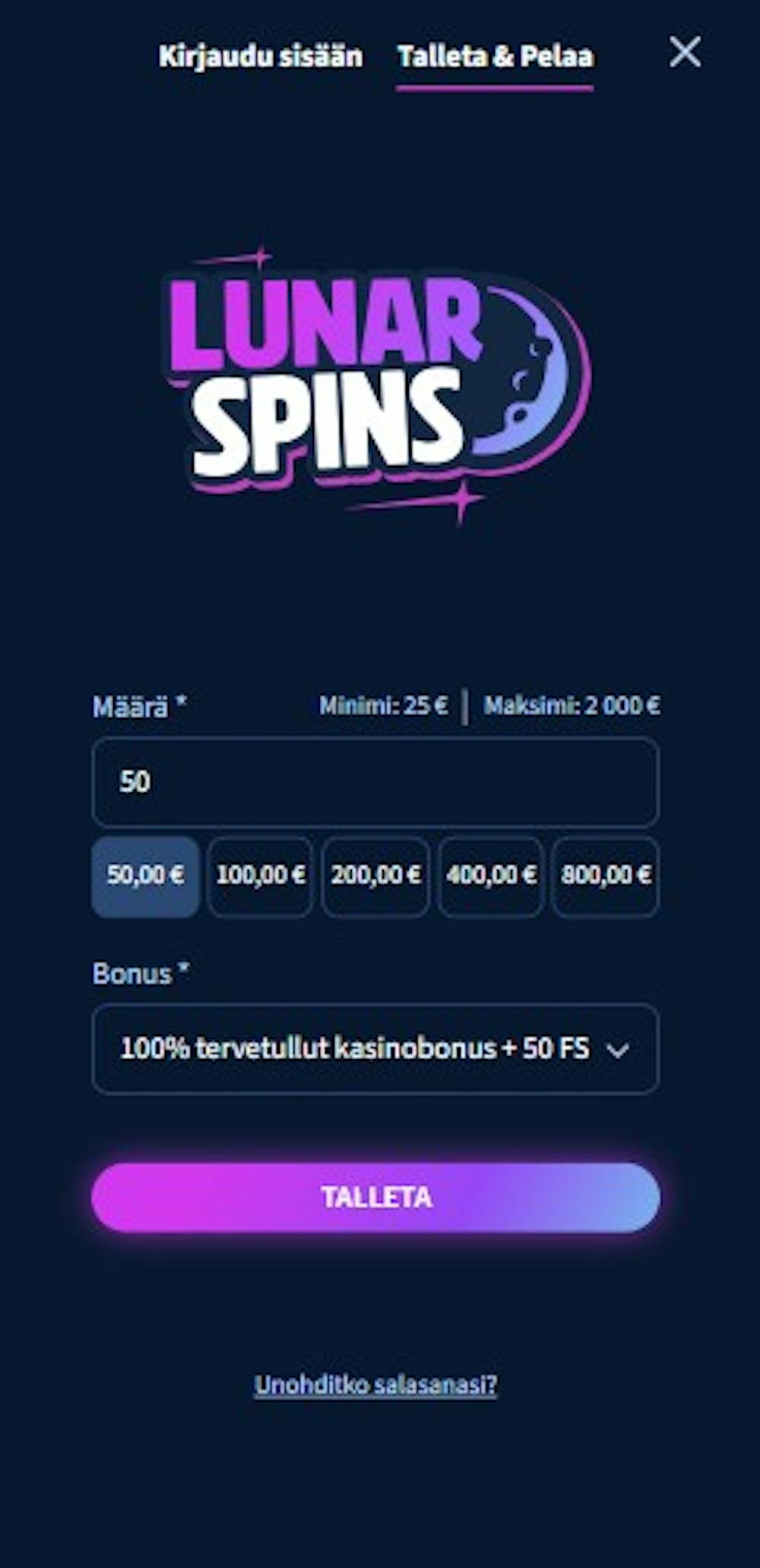 Lunar Spins Casinon talletuslomake.