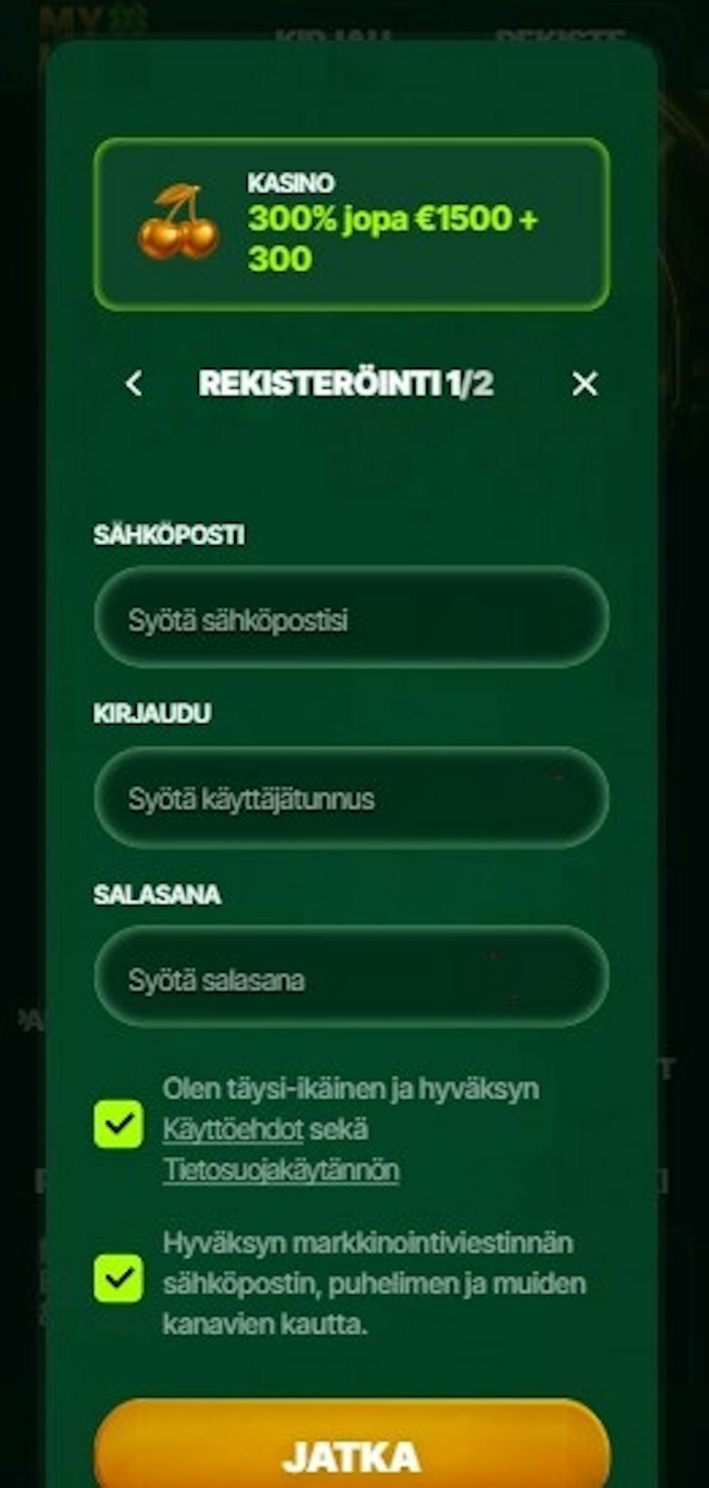 Myluck Casinon rekisteröitymislomake.