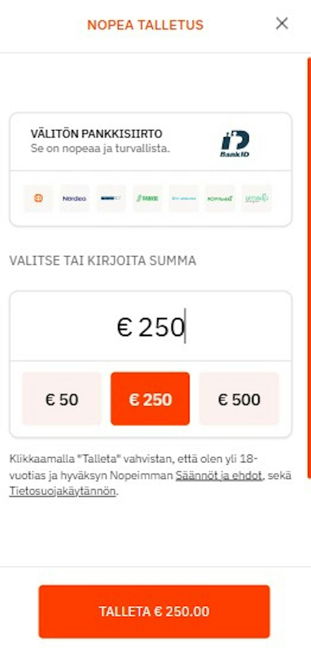 Nopein Casinon talletuslomake.