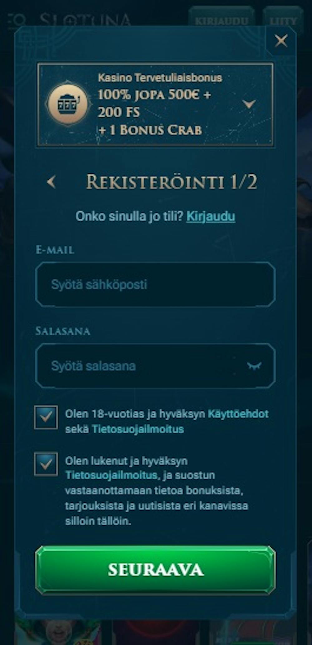 Slotuna Casinon rekisteröitymislomake.