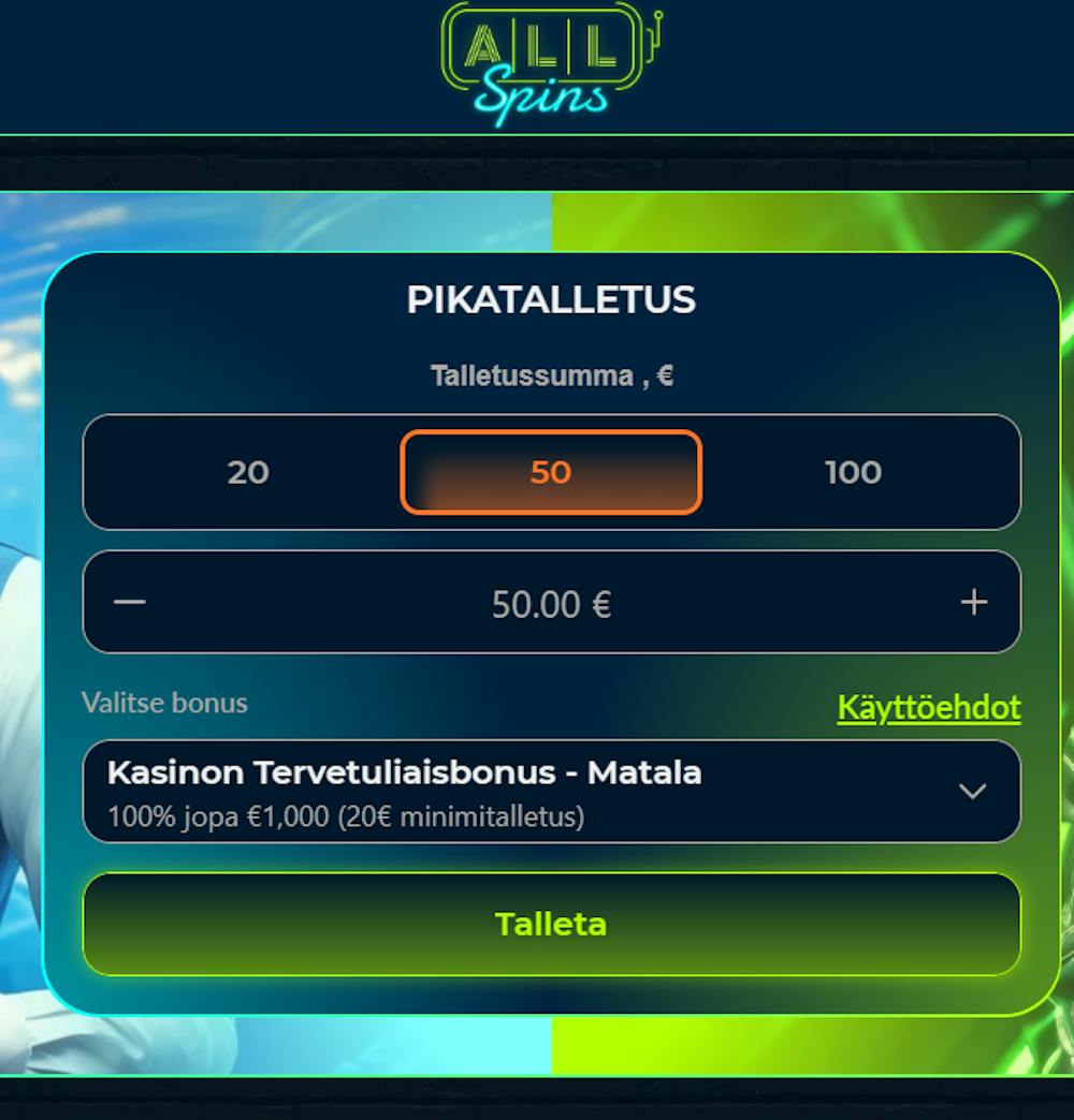 Pelitilin avaaminen AllSpins nettikasinolle.