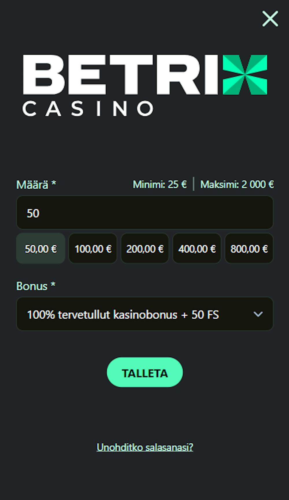 Pelitili avataan Betrix Casinolle tallettamalla.