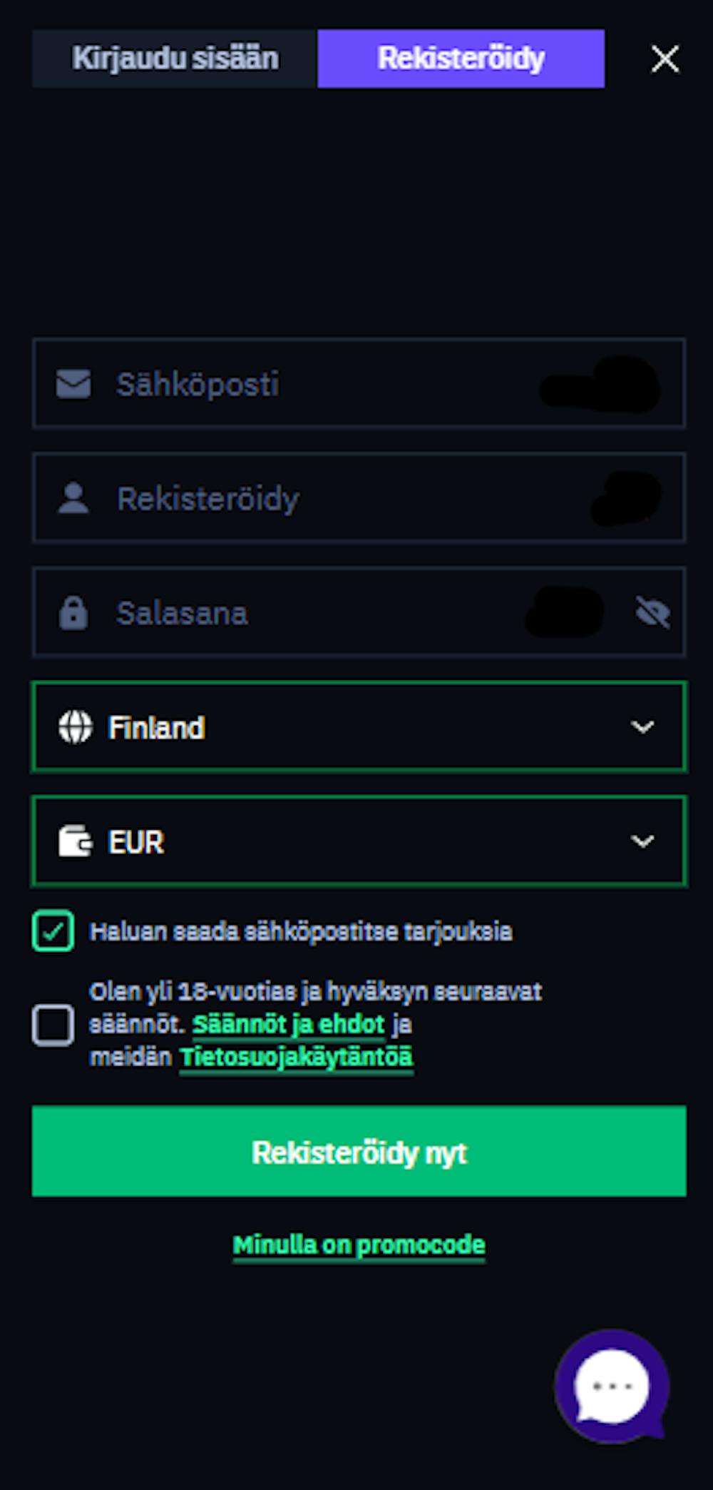 Be On Bet Casinon rekisteröitymislomake.