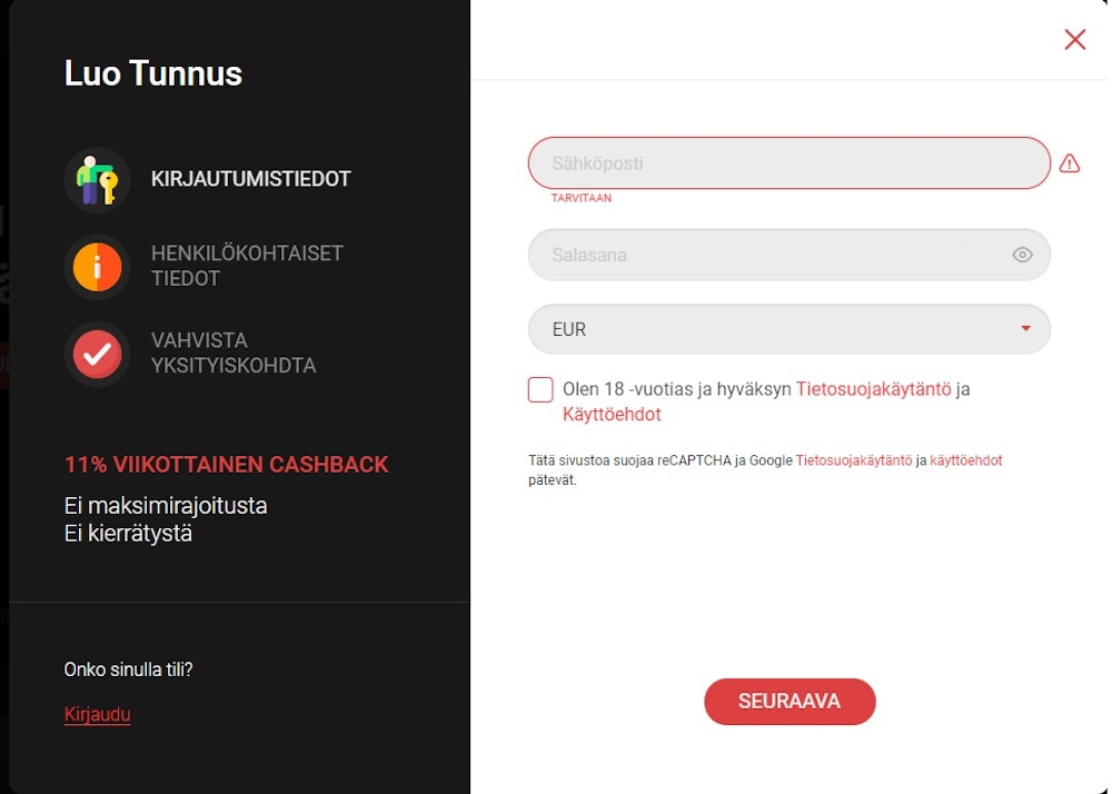Rekisteröityminen Betchan kasinolle.