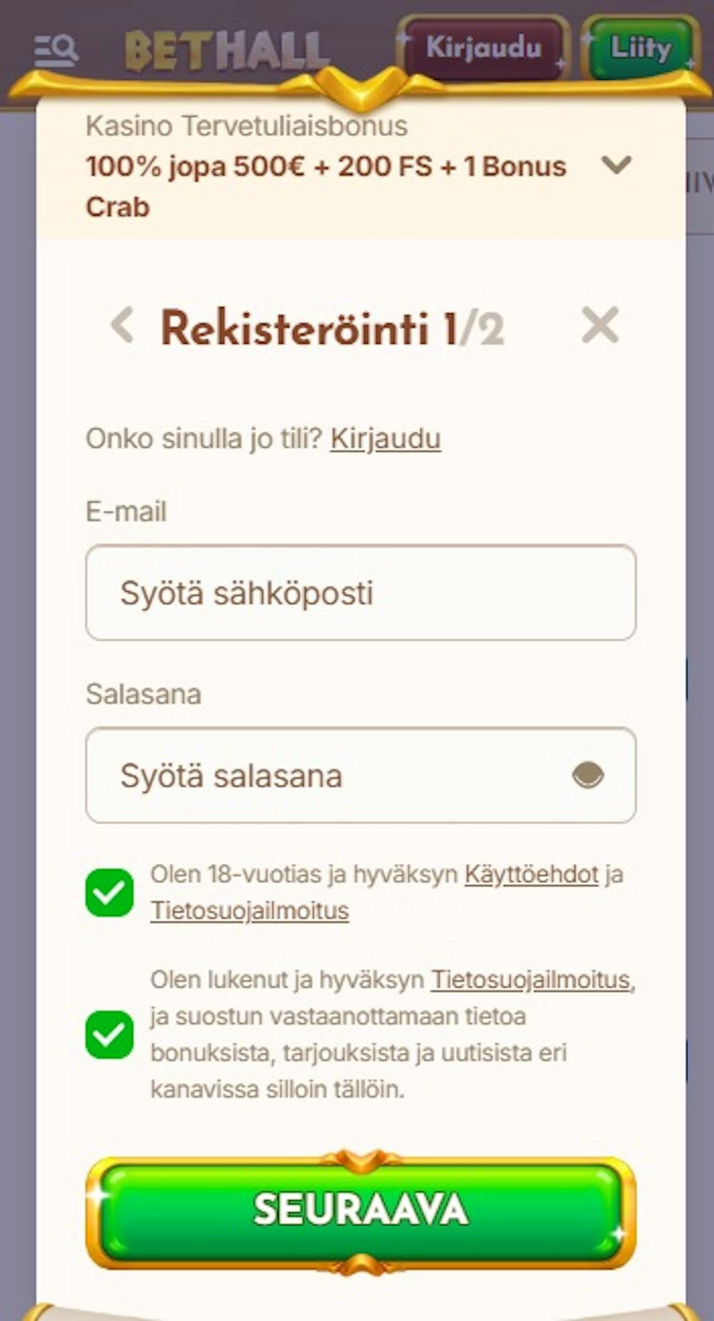 Bethall kasinolla pelaaminen alkaa täyttämällä rekisteröitymislomake.