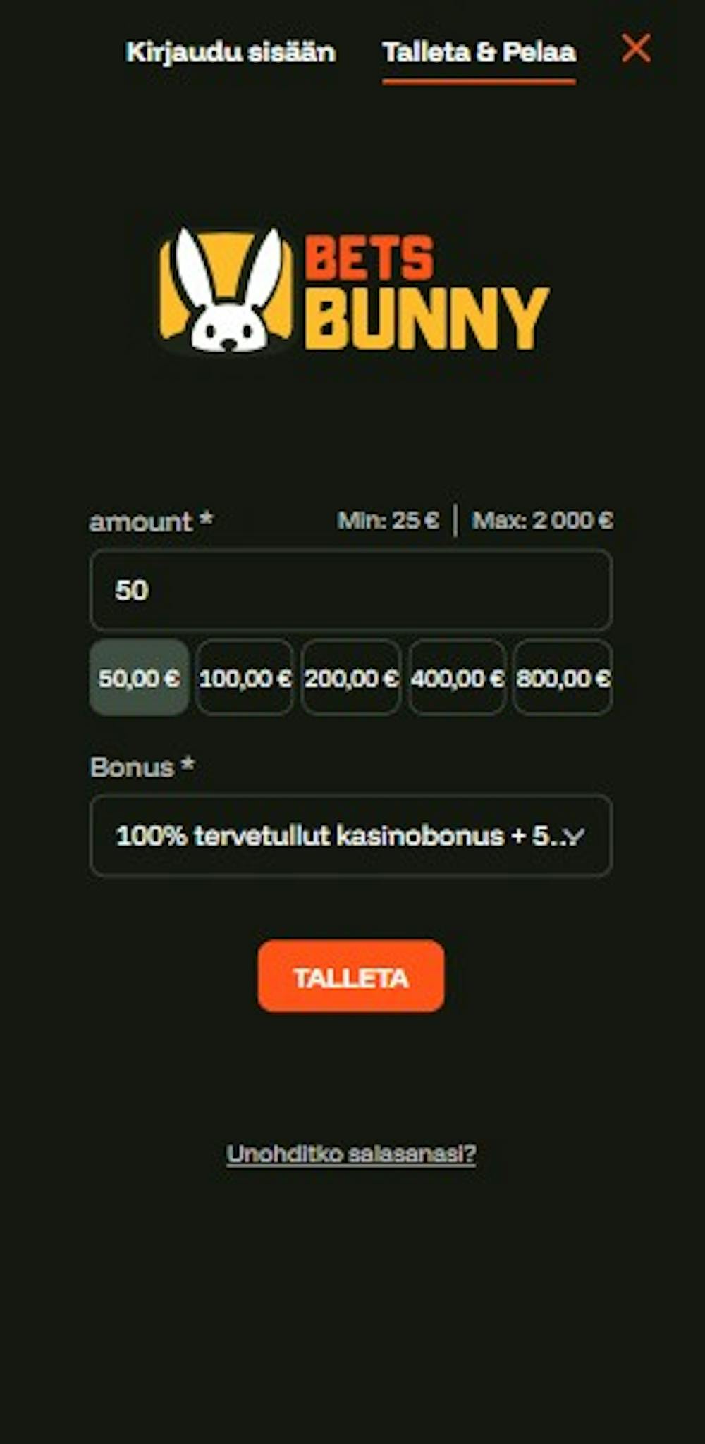 Bets Bunny kasinolla pelaaminen alkaa tallettamalla valittu summa.