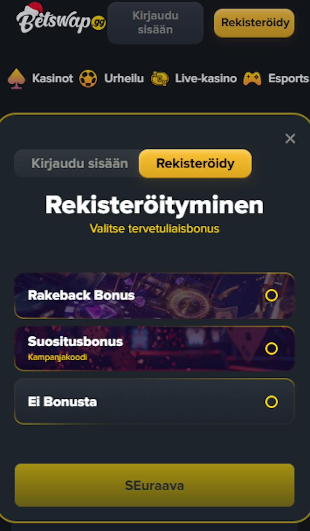 Betswap kasinon pelitili avataan valitsemalla bonus ja rekisteröitymällä.