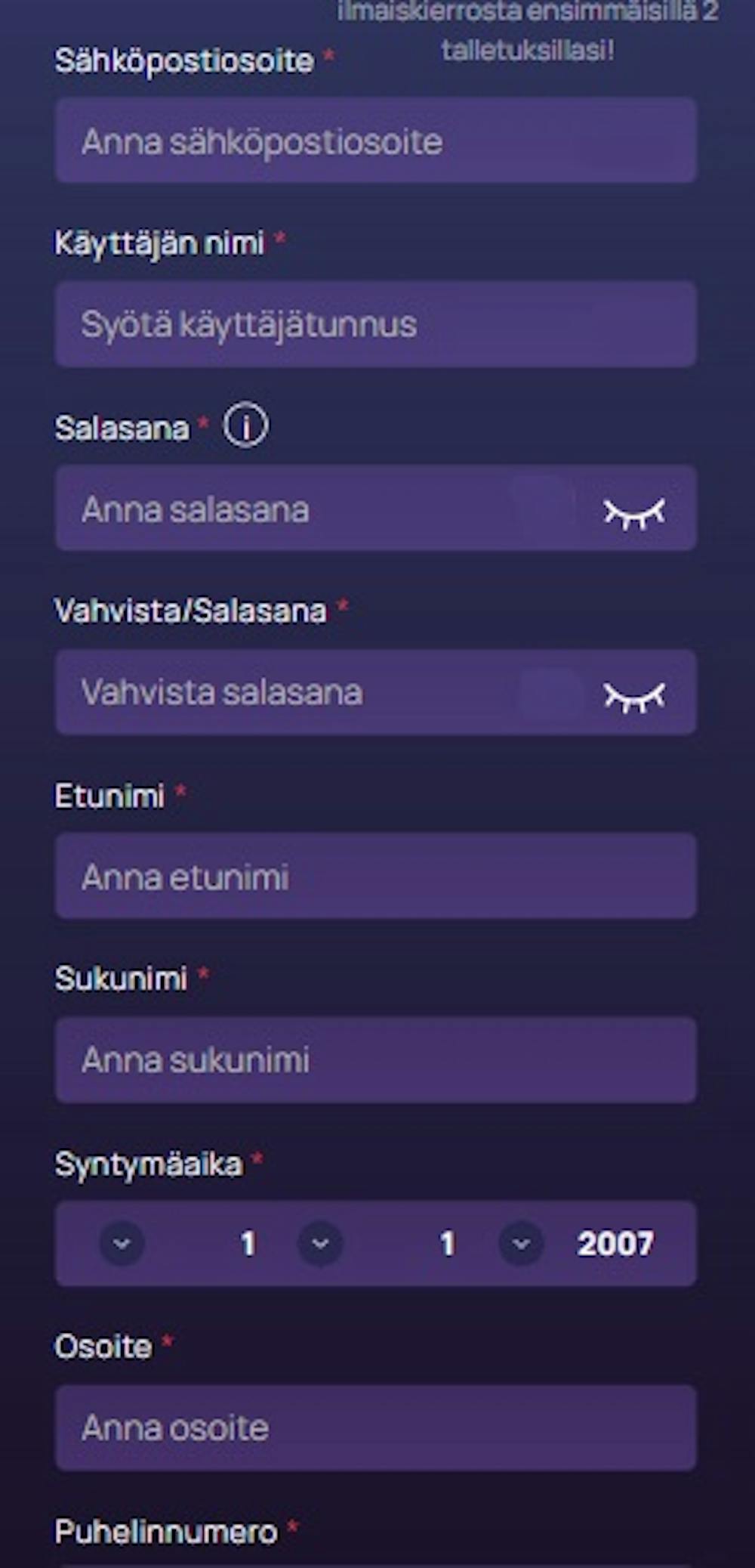 BetterWin kasinon rekisteröitymislomake.