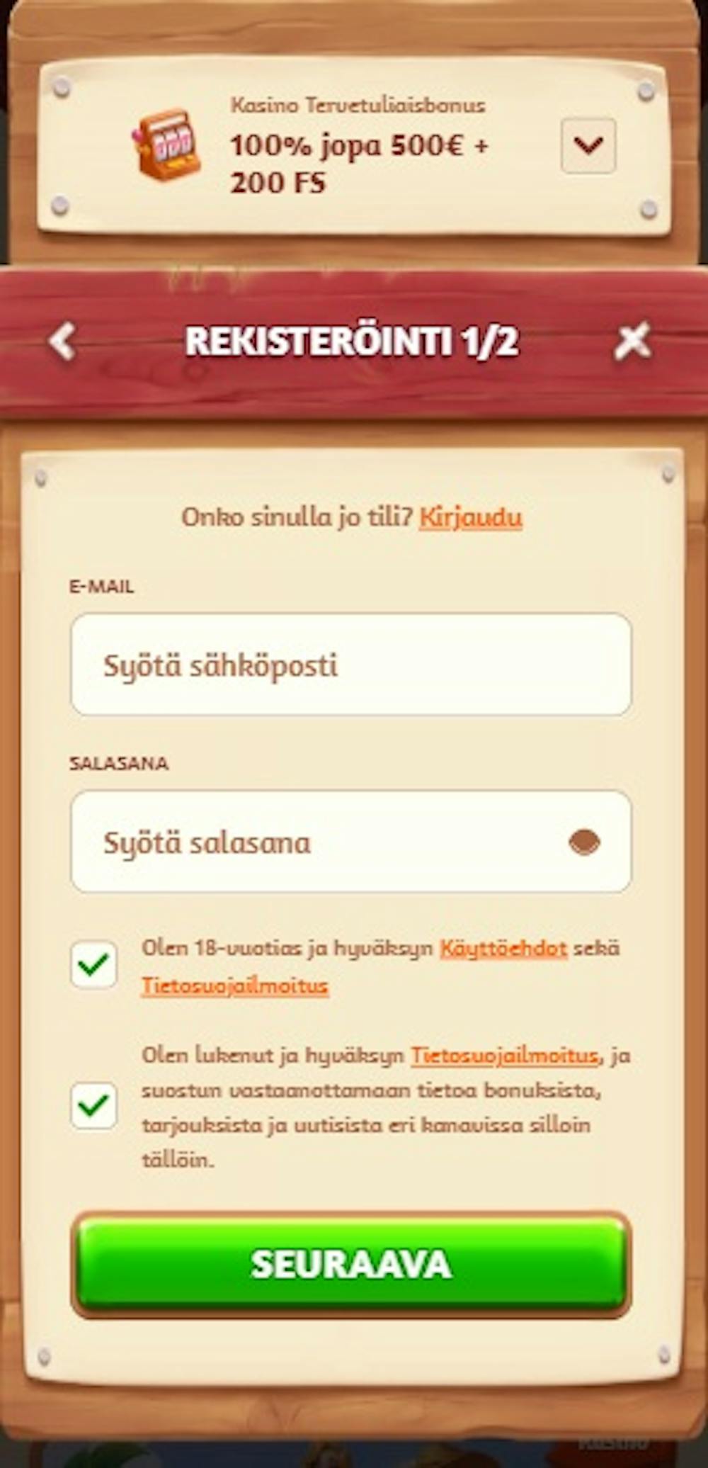 Billybets kasinon rekisteröitymislomake.