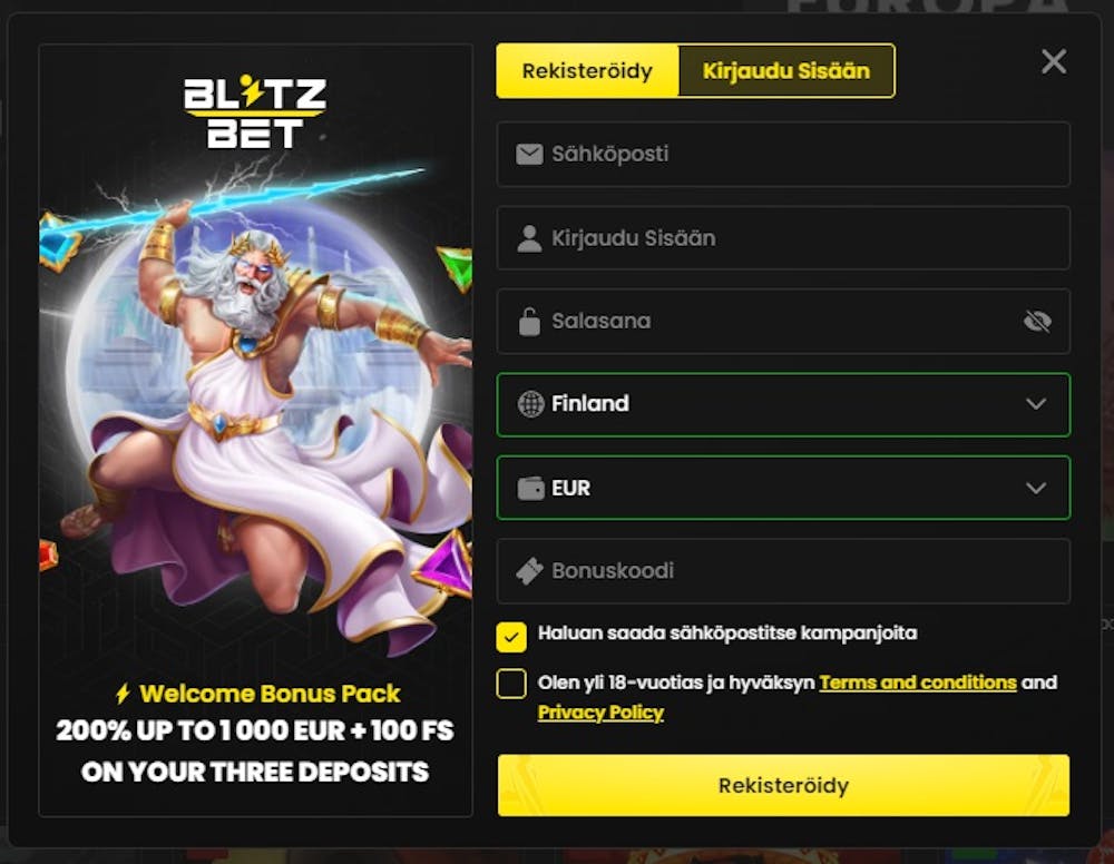 BlitzBet Casinolla pelaaminen alkaa täyttämällä perinteinen rekisteröitymislomake.