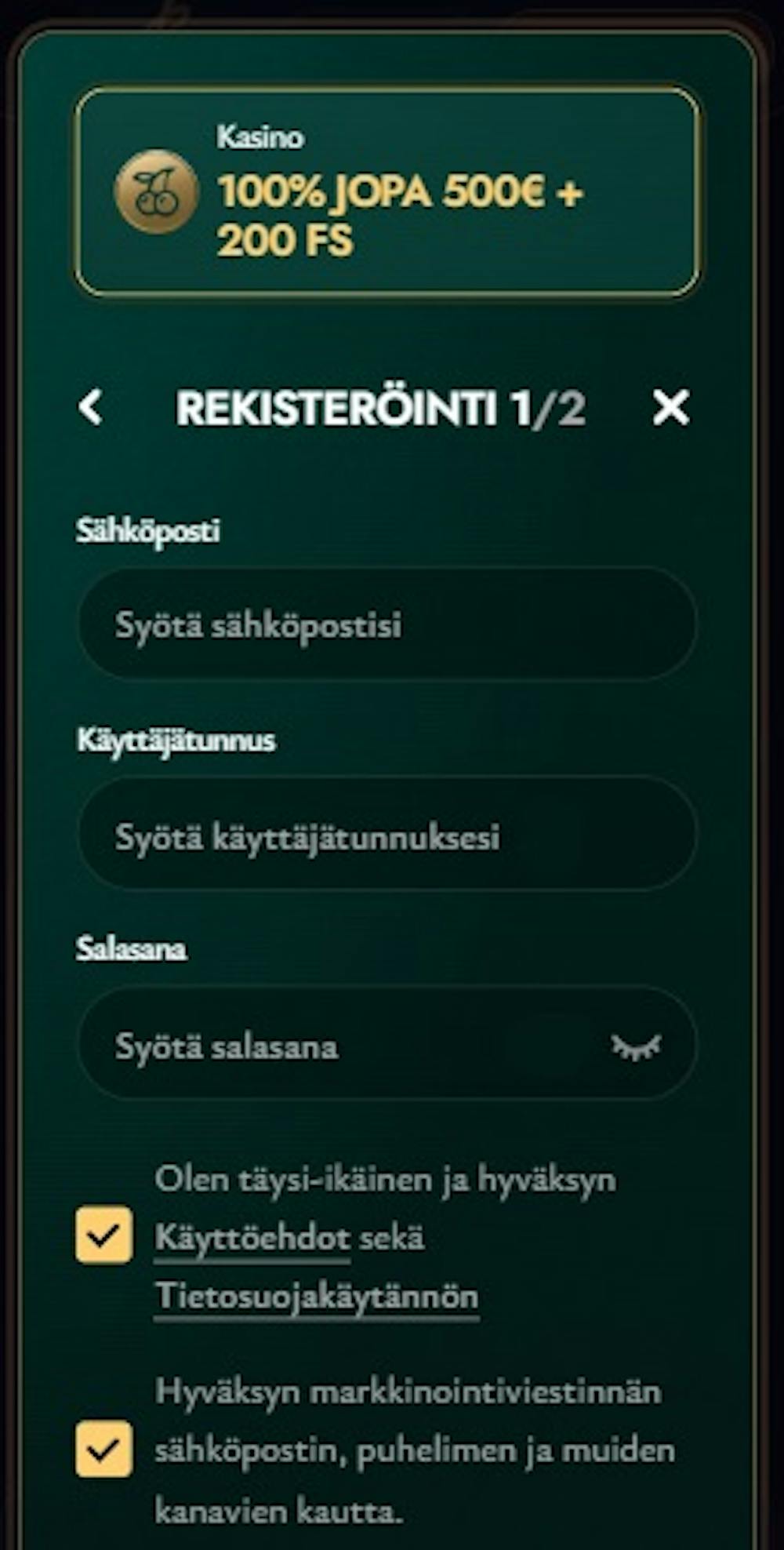 Cashed Casinon rekisteröitymislomakkeeseen täytetään ensin sähköposti ja käyttäjätunnus.