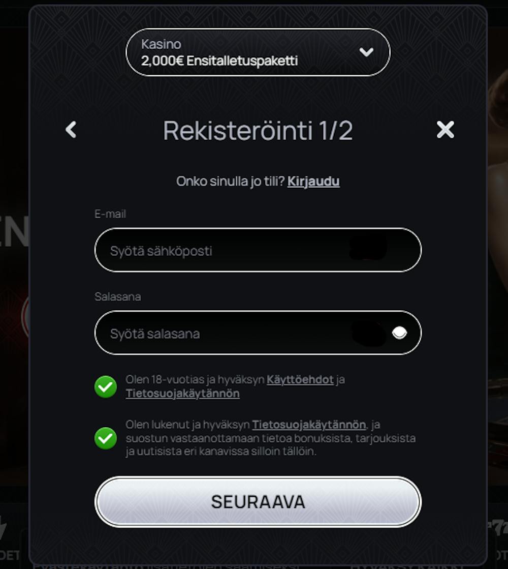 Casinon rekisteröitymislomakkeeseen täytetään ensin salasana ja sähköpostiosoite.