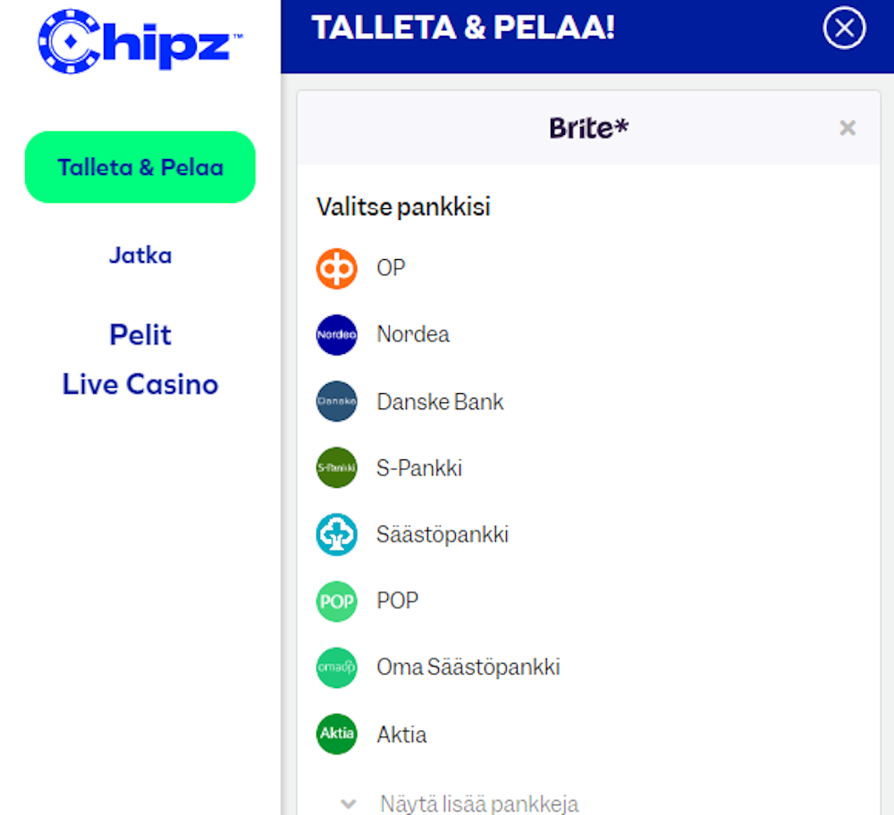 Pelitilin avaaminen Chipz kasinolle.