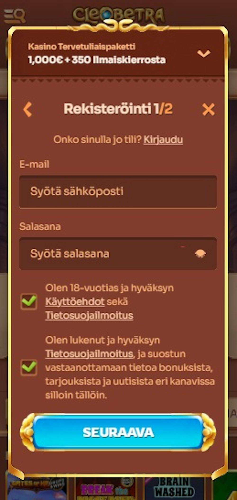 Cleobetra kasinon rekisteröitymislomake.