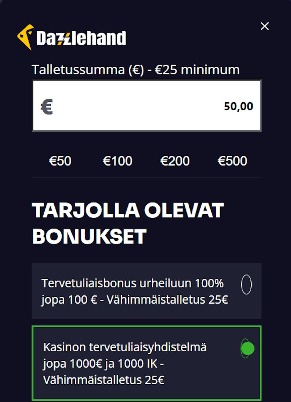 Pelitili Dazzlehand kasinolle avataan tallettamalla.