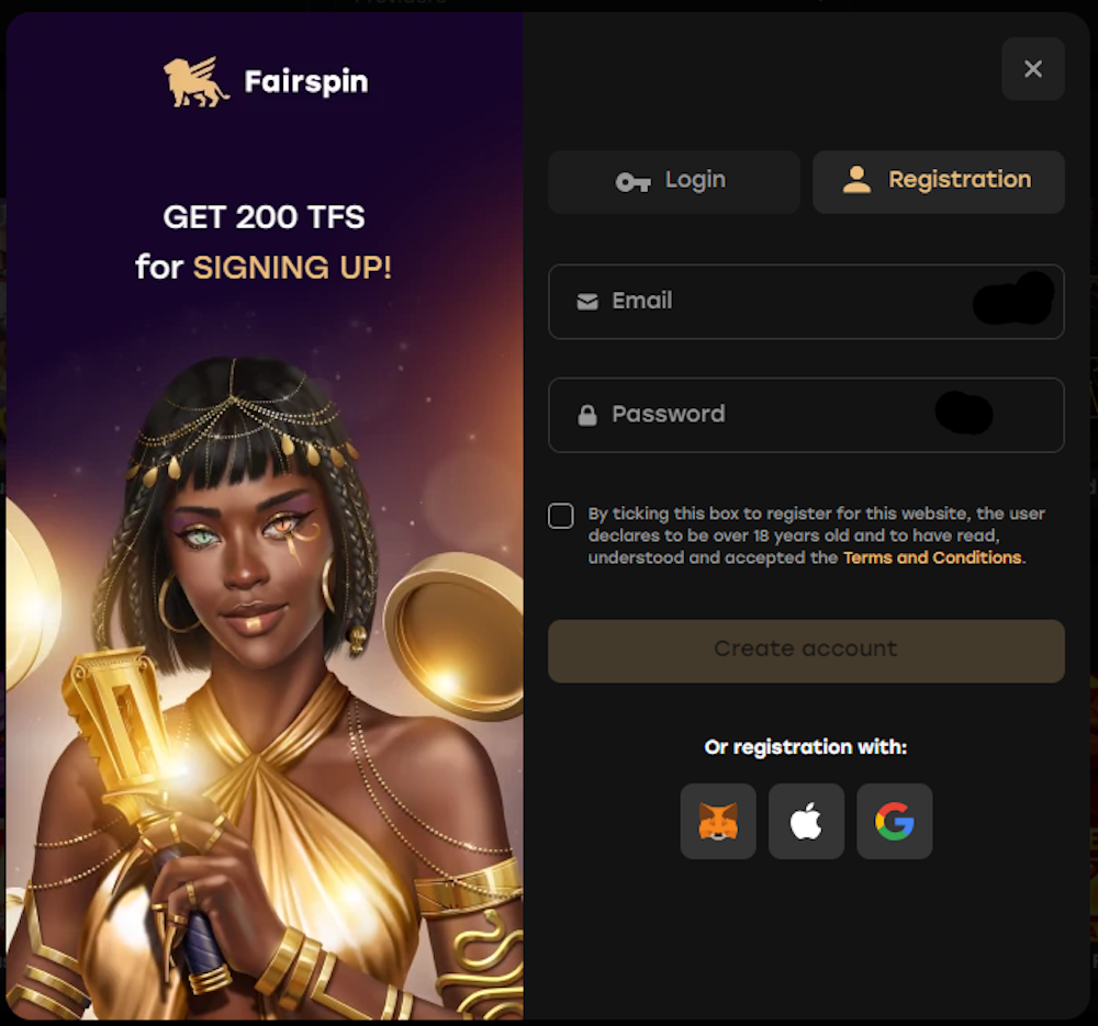 Rekisteröityminen Fairspin kasinolle.