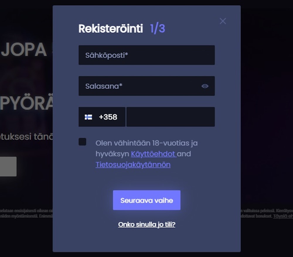Rekisteröityminen Fruity King Casinolle.