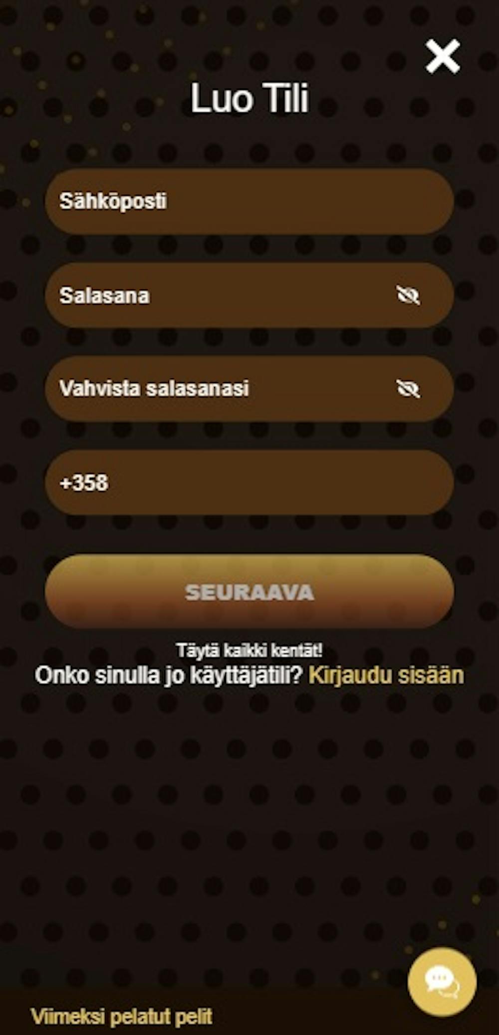 Gemobet Casinon rekisteröitymislomake.