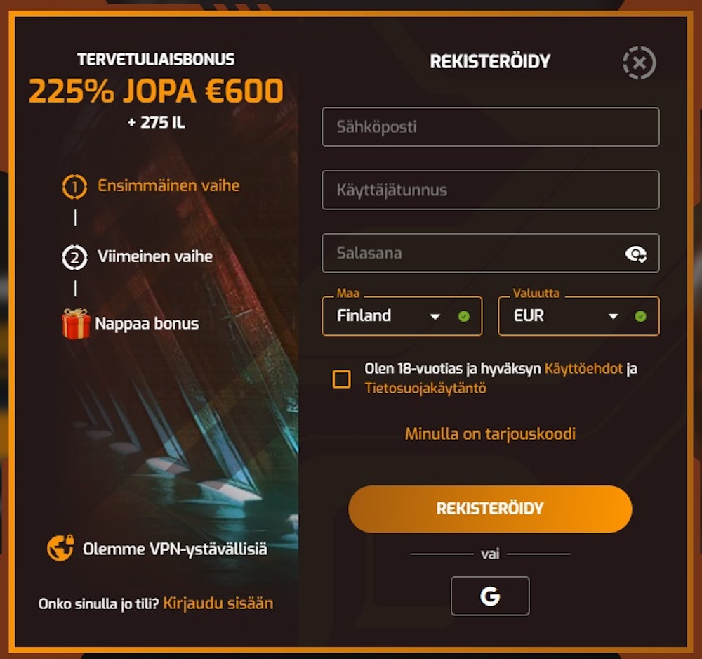 Rekisteröityminen Hugo Casinolle.