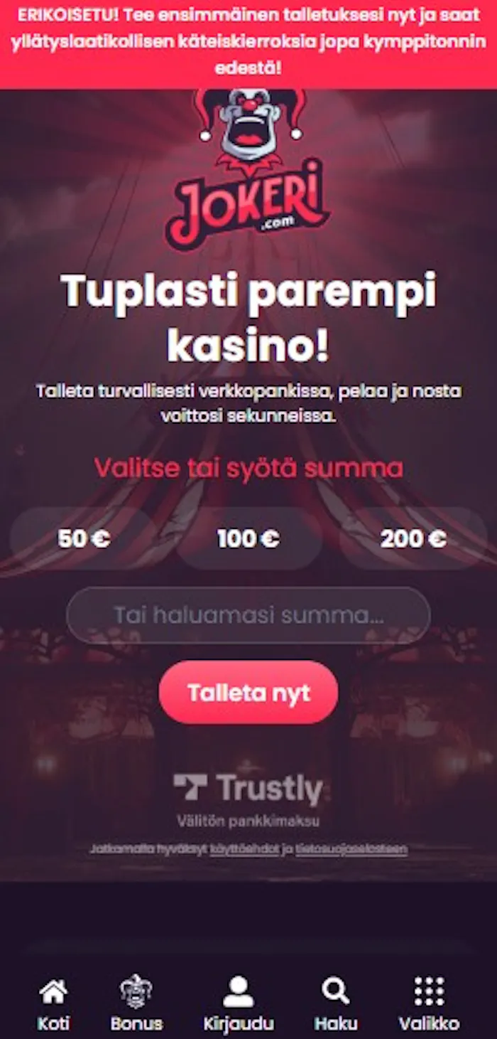 Jokeri kasinon talletuslomake löytyy helposti etusivun yläosasta.