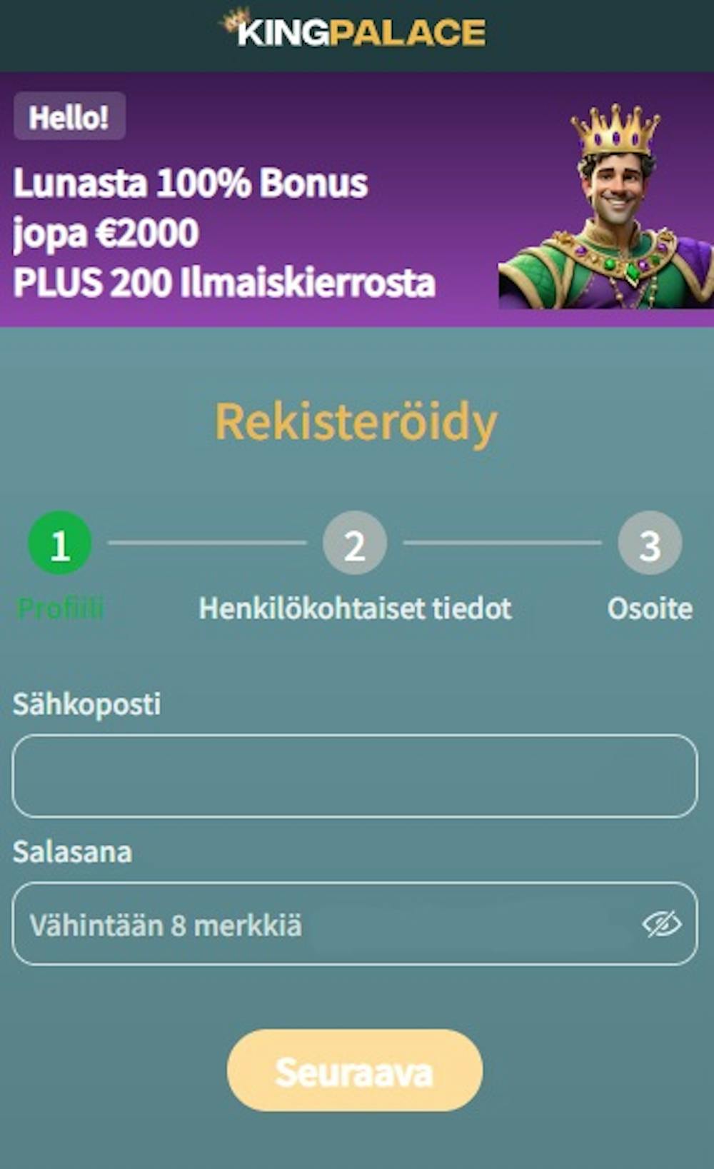 Kingpalace Casinolla pelitili avataan täyttämällä rekisteröitymislomake.