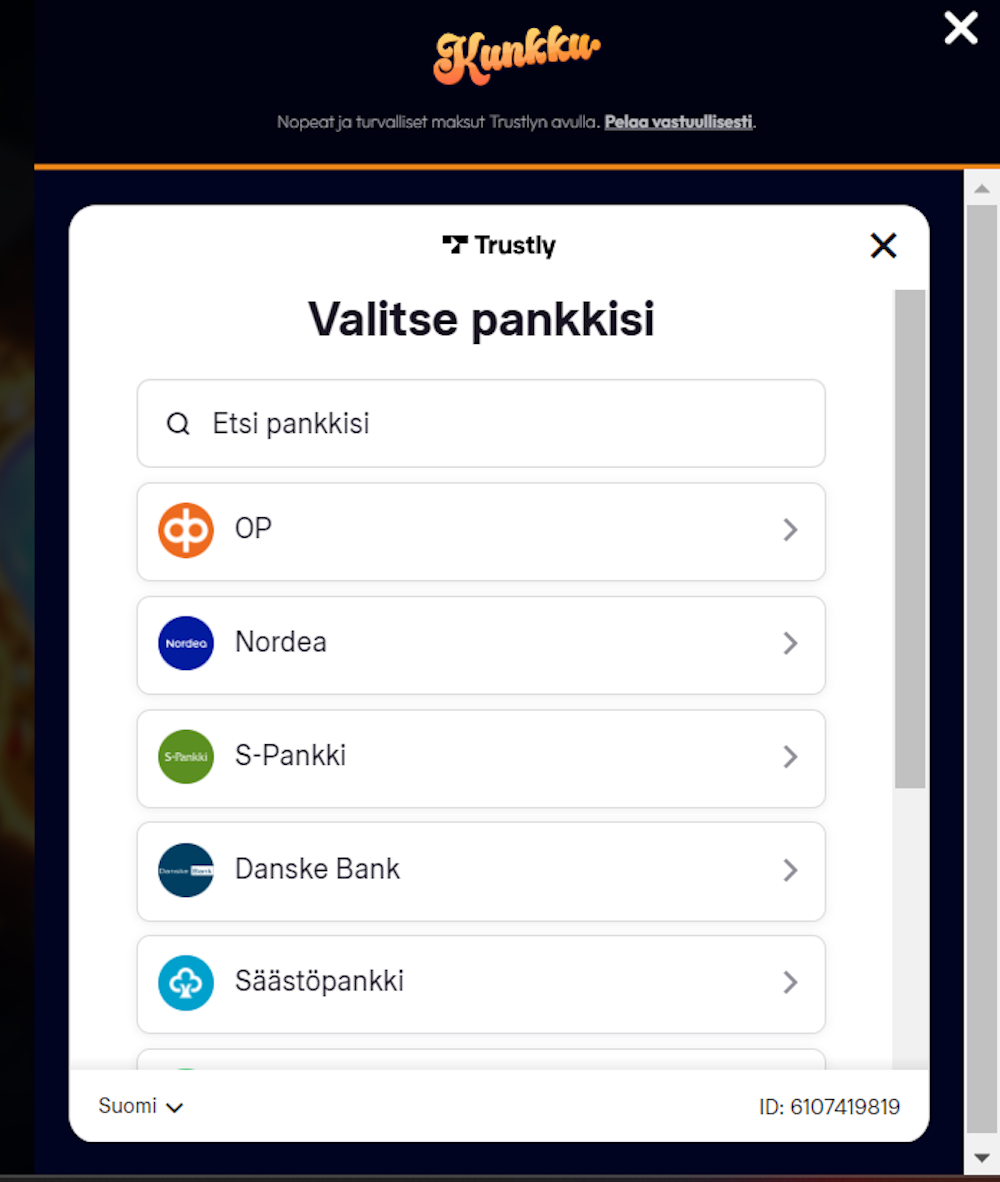 Pelitilin avaaminen Kunkku kasinolle.