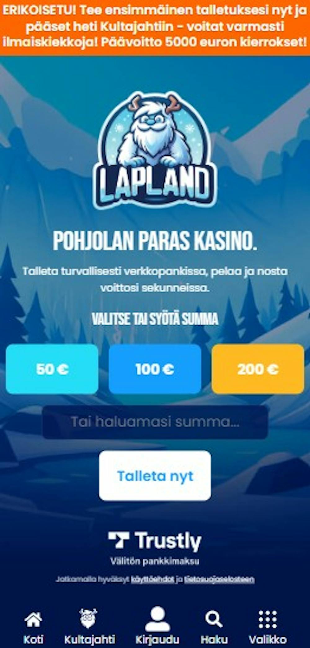 Lapland Casinon talletuslomake näkyy heti etusivulla.