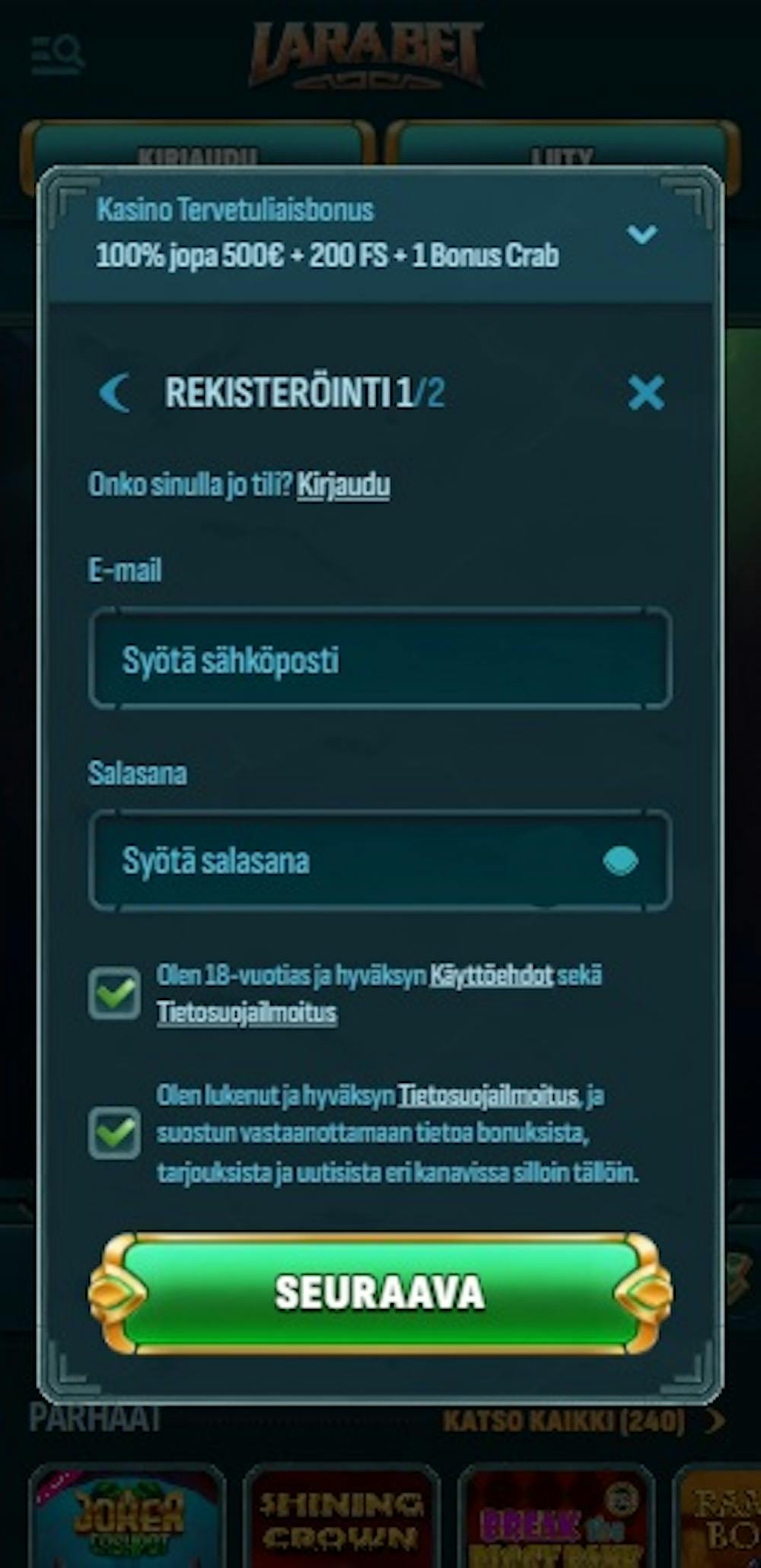 Larabet Casinon rekisteröitymislomake.