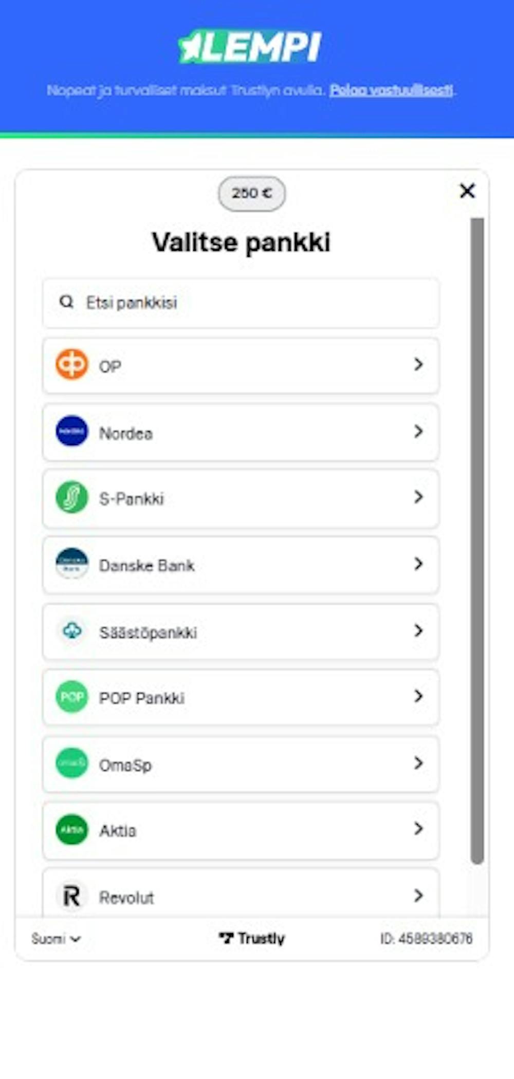 Pelitilin Lempi kasinolle voi avata tallettamalla suomalaispankkien kautta.