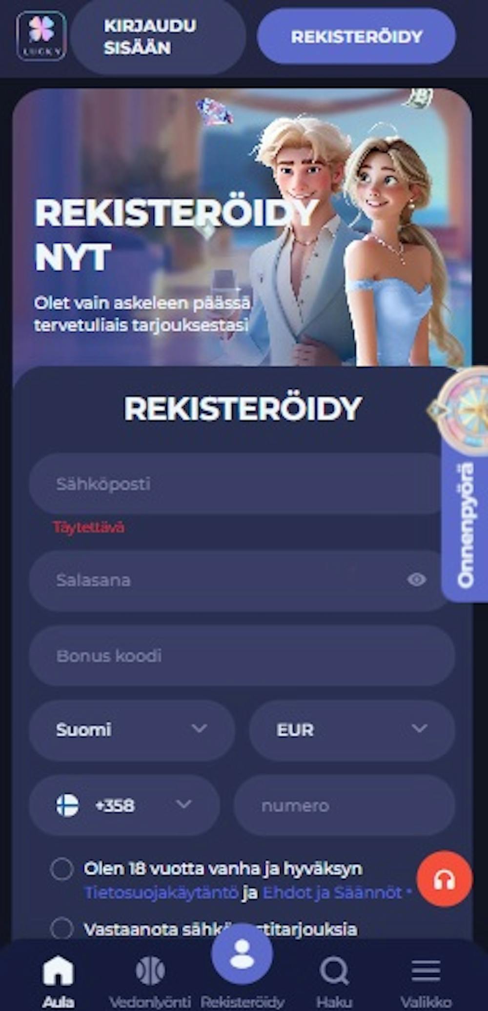 Luckyfriends kasinon rekisteröitymislomake.