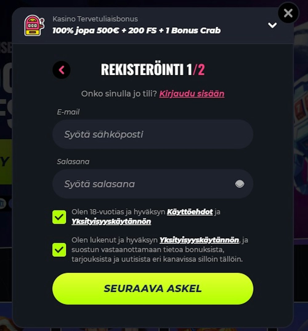 Rekisteröityminen Lunubet nettikasinolle.