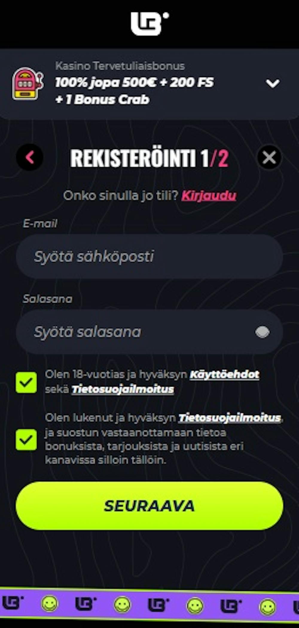 Lunubet kasinon rekisteröitymislomake.