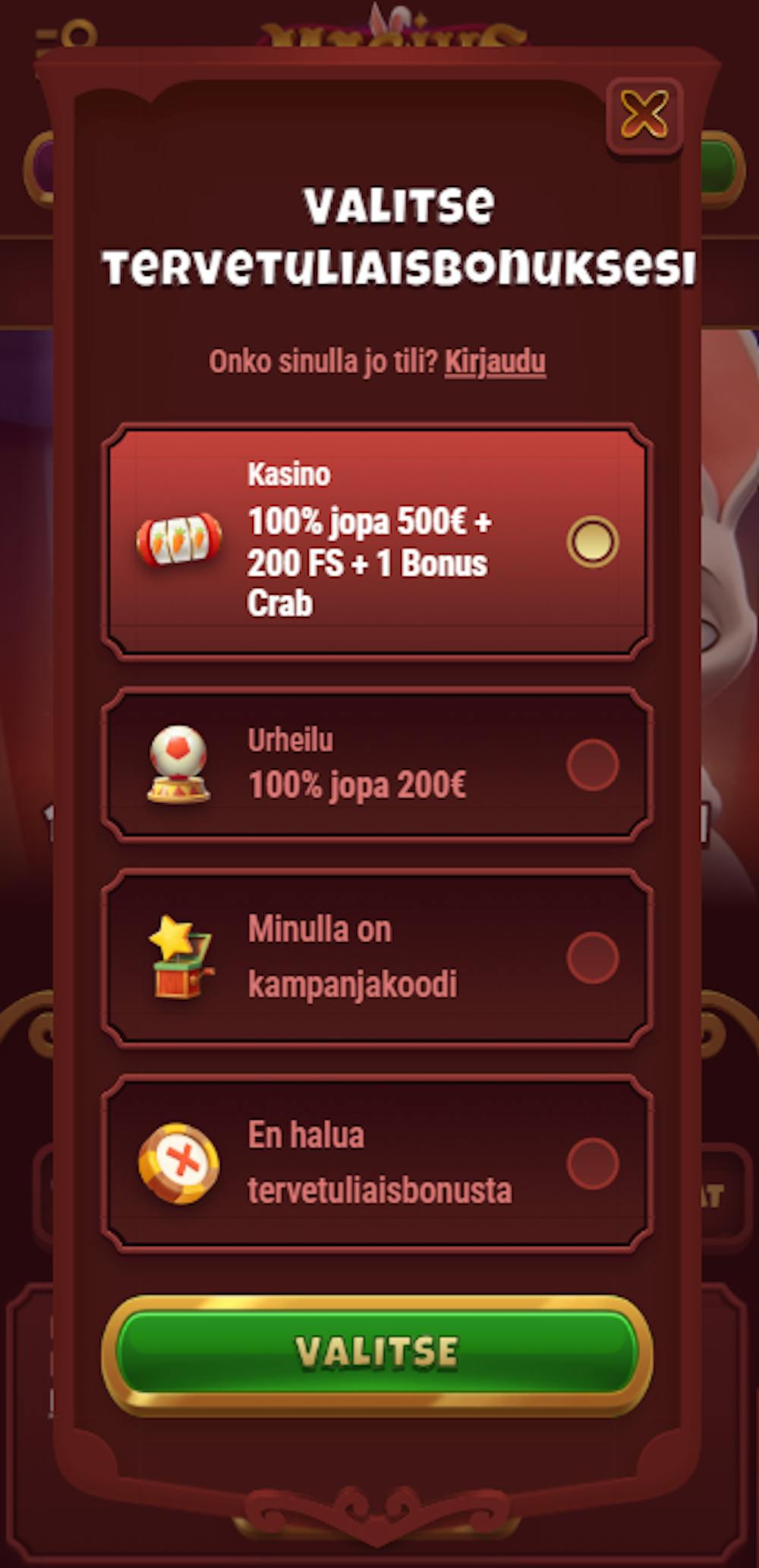 Magius kasinolle pelitilin avaus alkaa valitsemalla sopiva bonus.