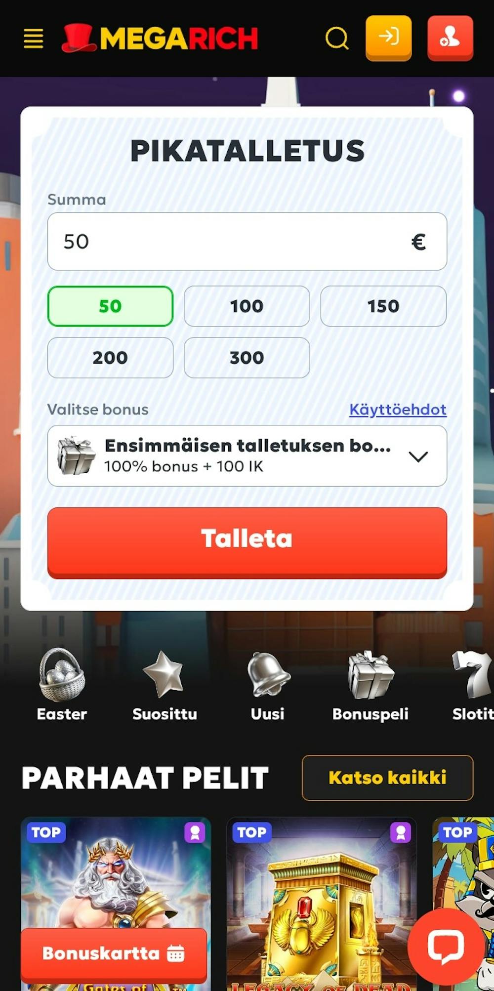 Megarich Casinon pelitili avataan rekisteröitymällä ja tallettamalla.