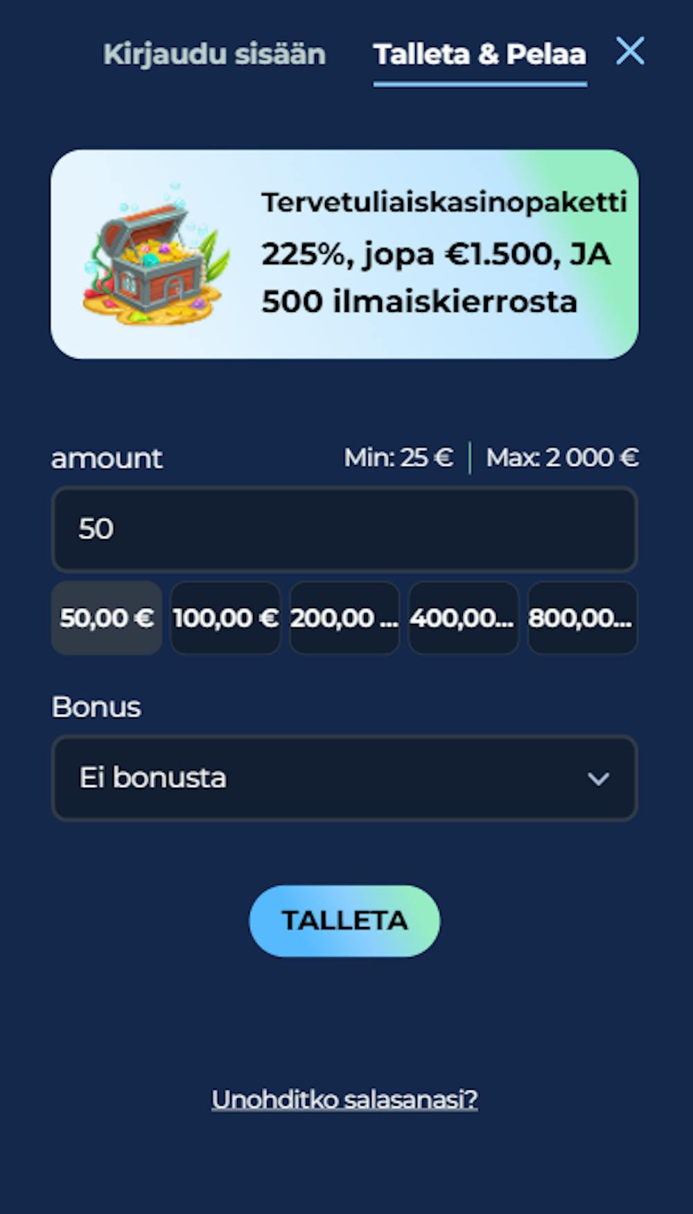 Pelitili Moana casinolle avataan tallettamalla.