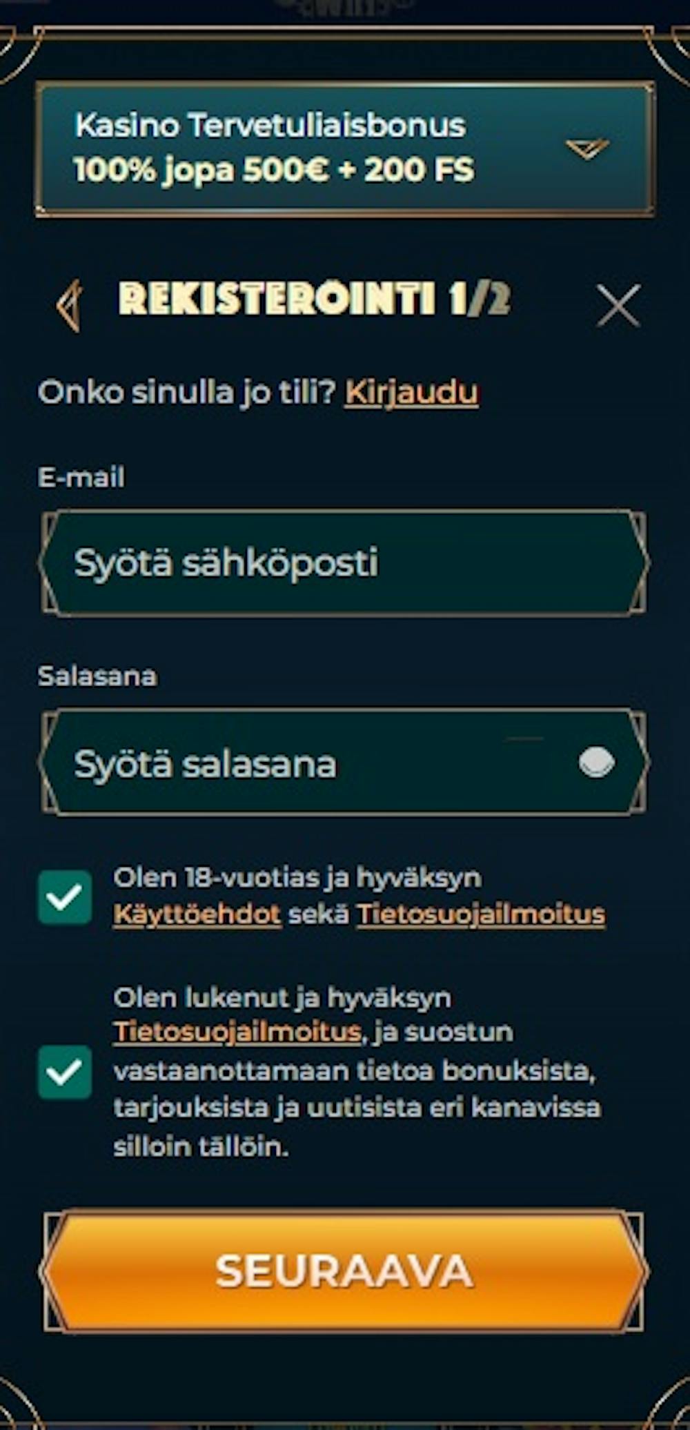 Monsterwin Casinon rekisteröitymislomake.