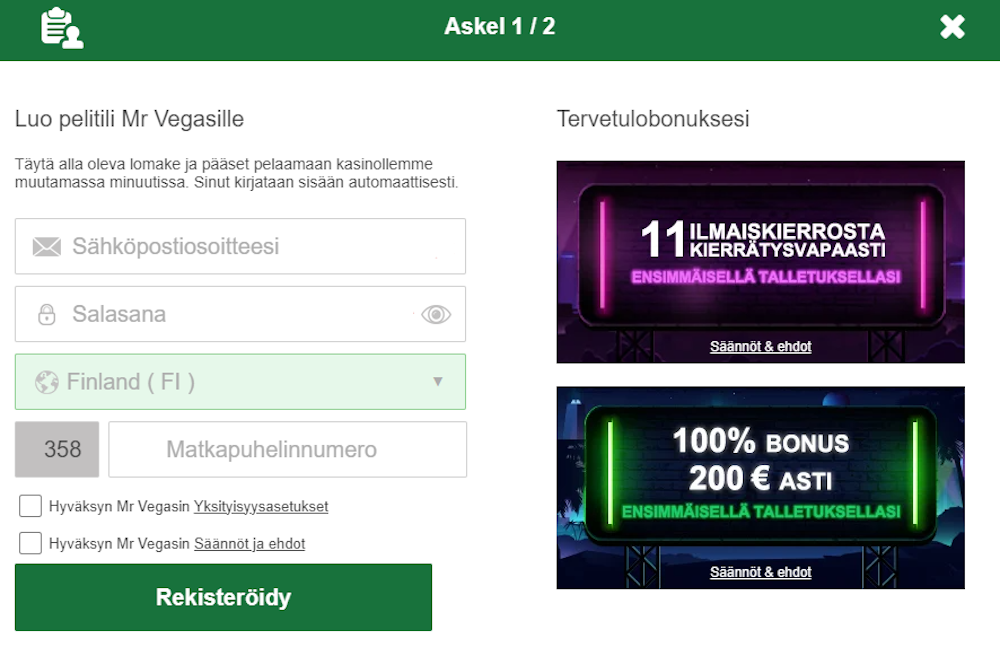Rekisteröityminen Mr Vegas kasinolle.