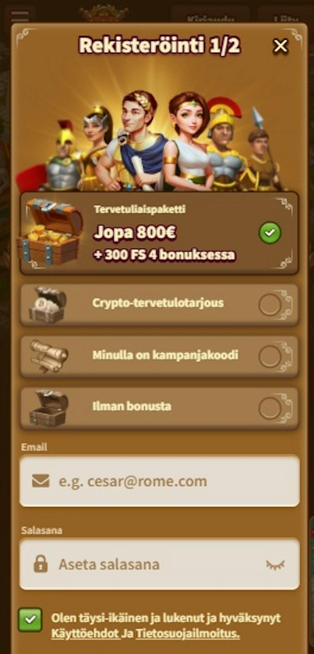 My Empire kasinon rekisteröitymislomake.