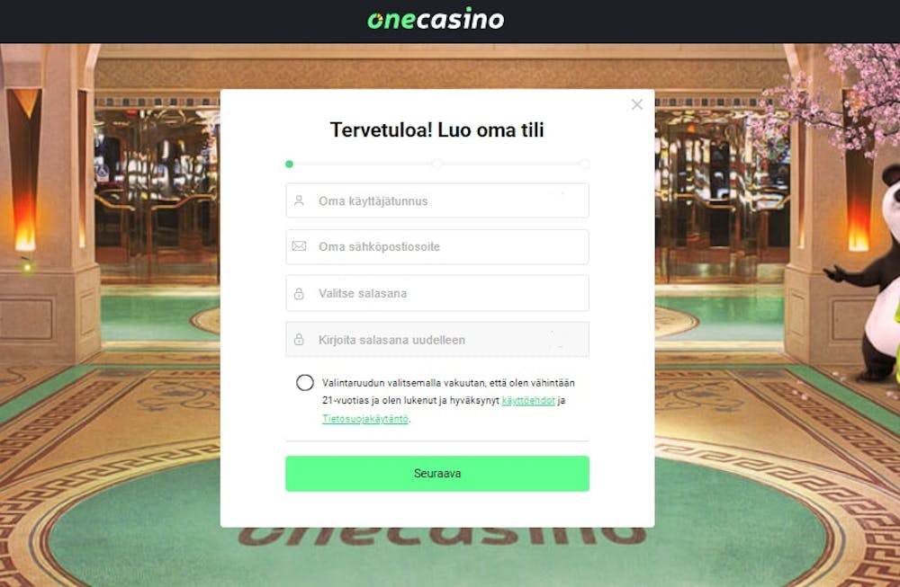Rekisteröityminen One Casino nettikasinolle.