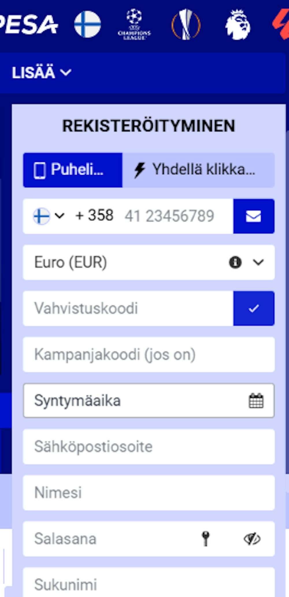 Paripesa kasinon rekisteröitymislomake.