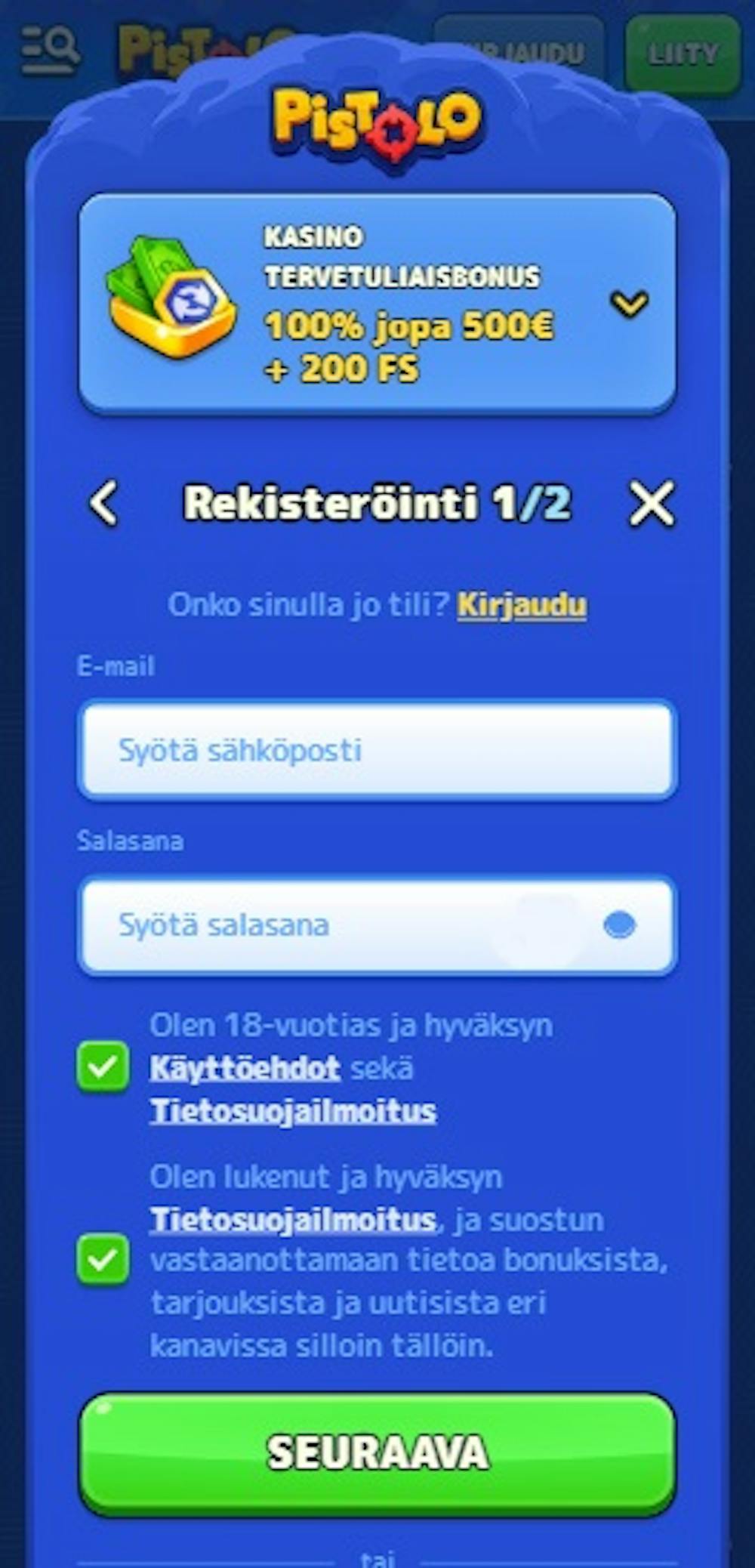Pistolo kasinon rekisteröitymislomake.