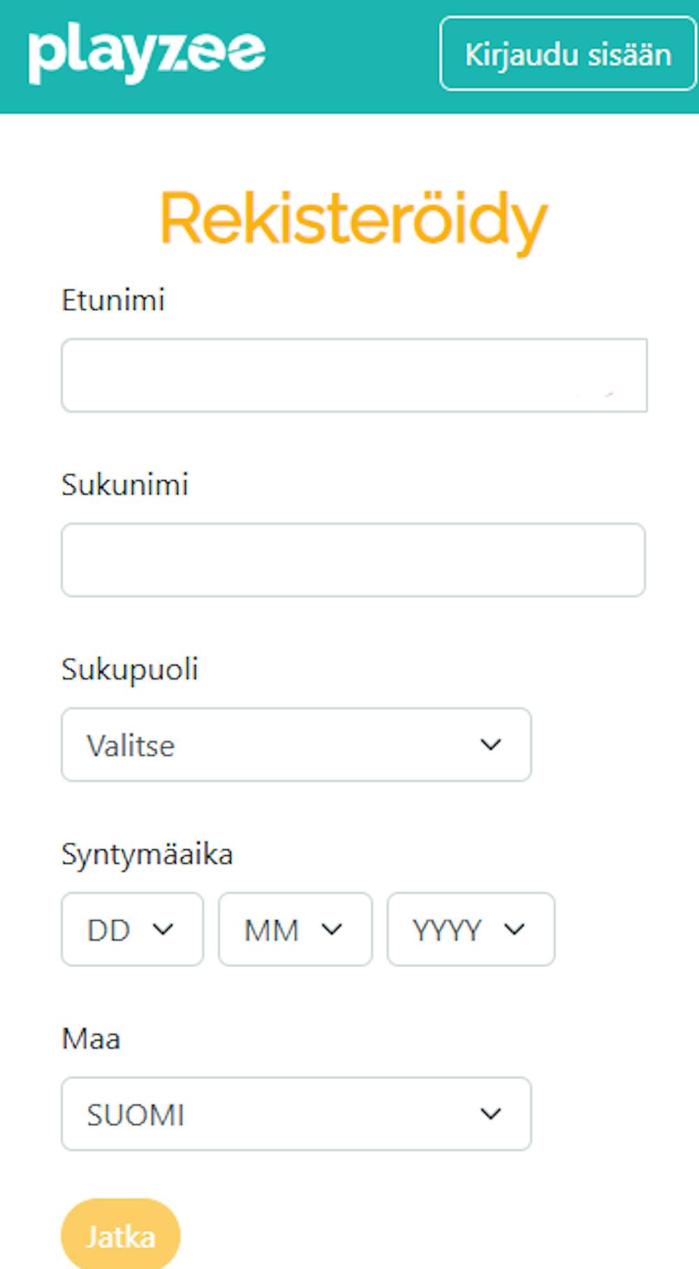 Playzee Casinolla peli aloitetaan täyttämällä rekisteröitymislomake.