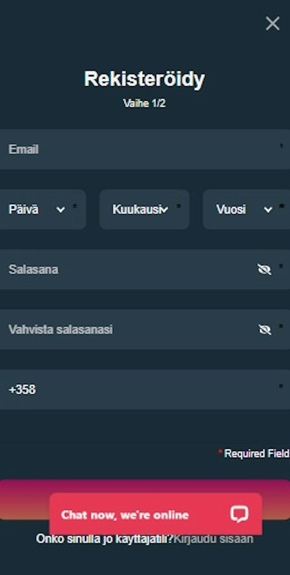 PrimeBetz kasinon rekisteröitymislomake.